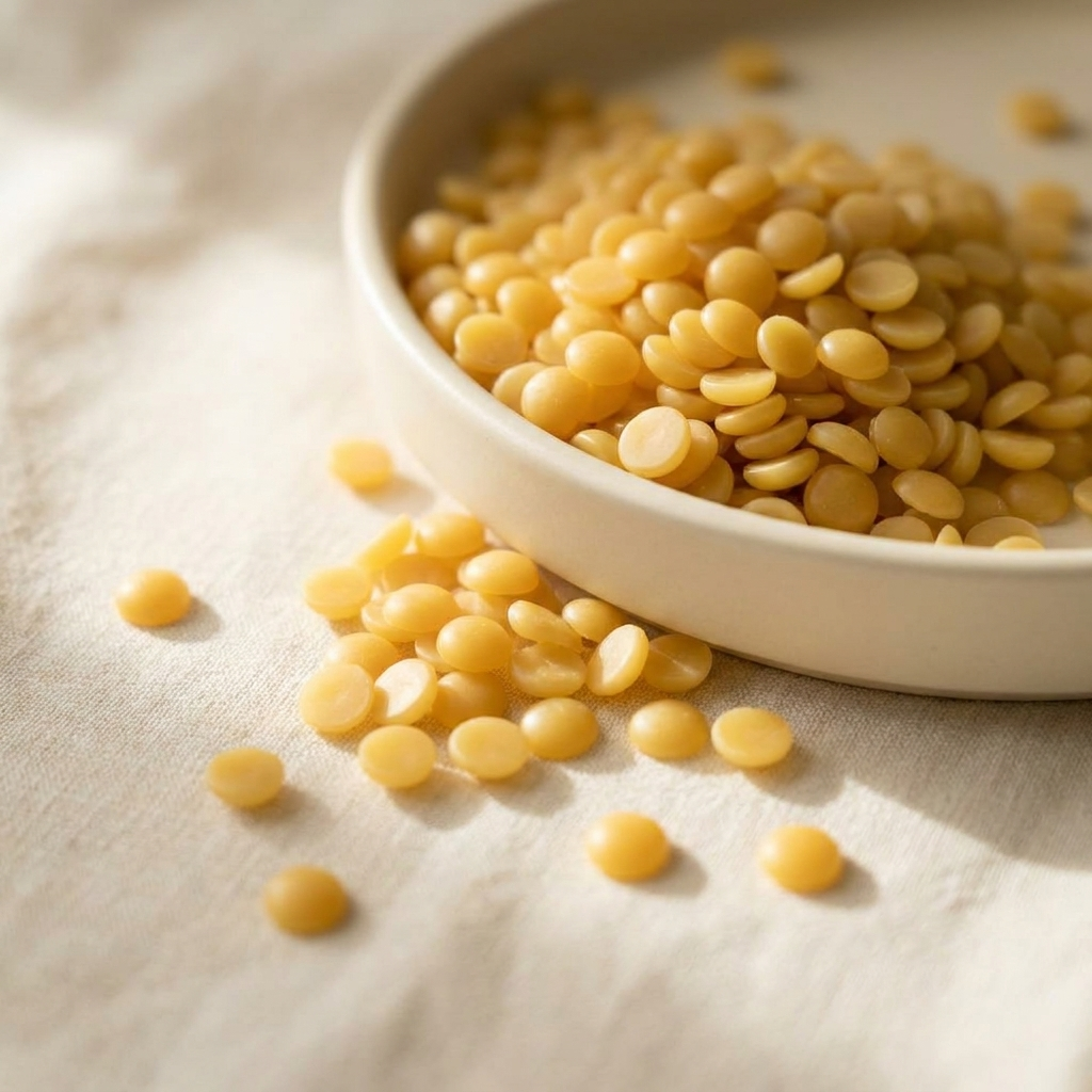 Processed beeswax pastilles spilling from a small dish