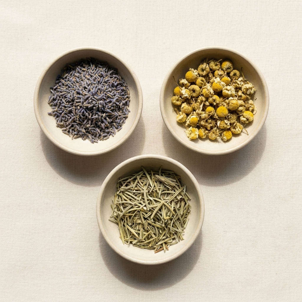 Small bowls of dried organic lavender, chamomile, and rosemary