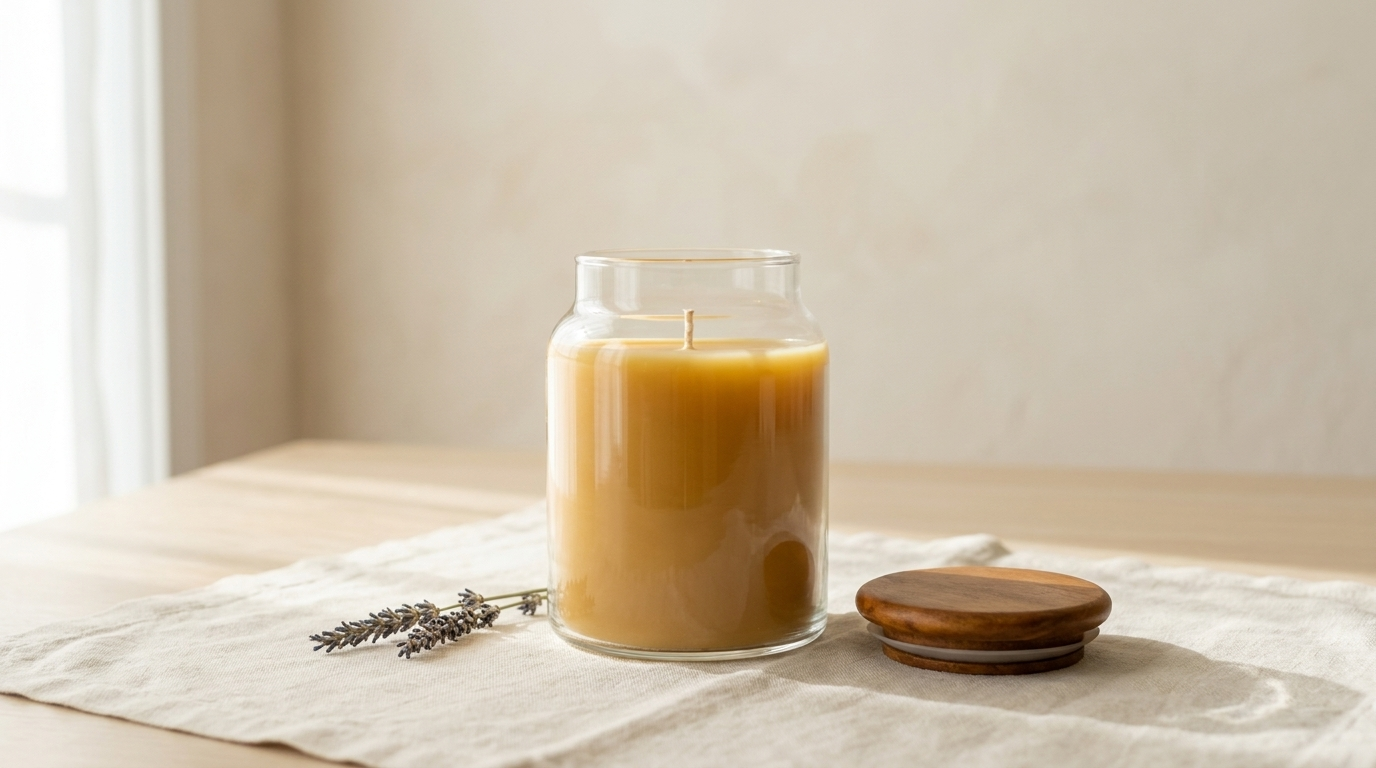 A handmade beeswax candle in natural daylight