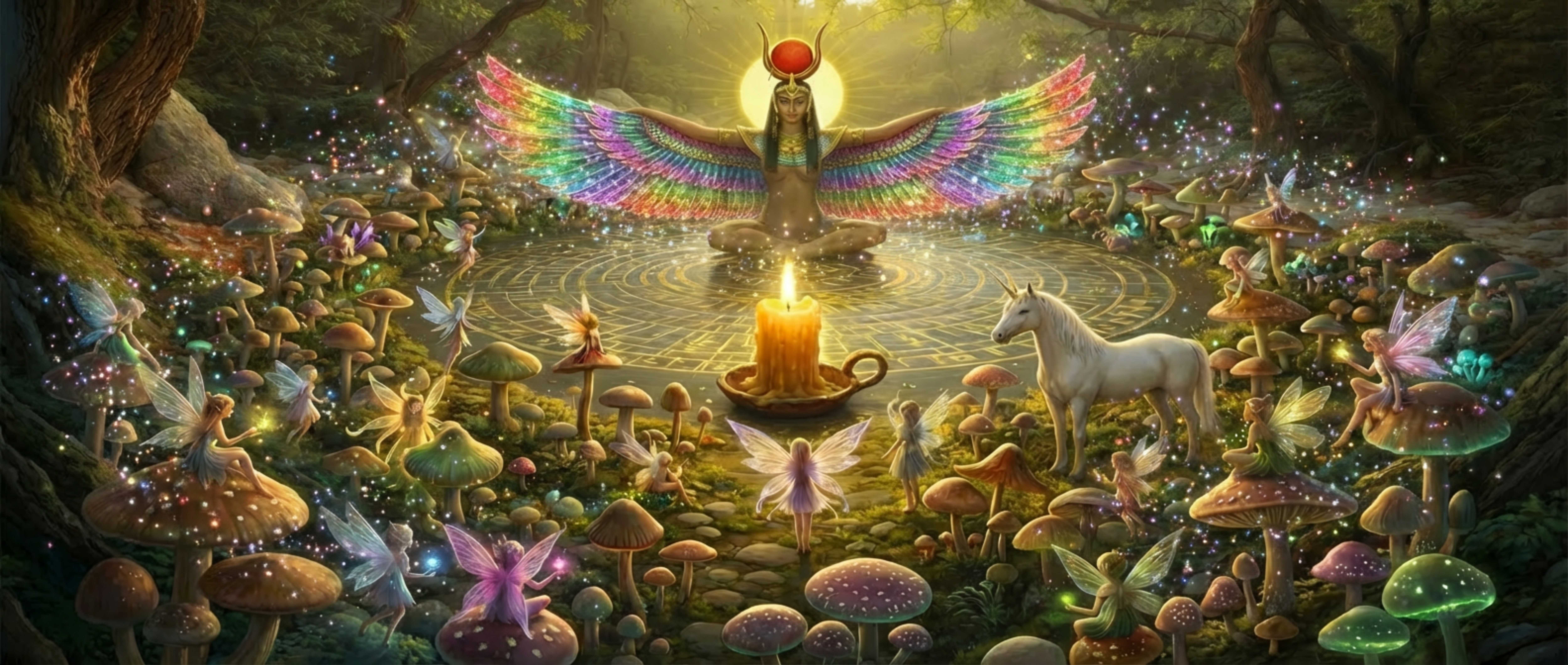 Mystical fairy circle with Egyptian goddess, unicorn, and beeswax candle